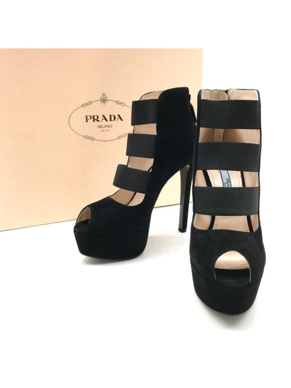 Prada Suede Metal Logo High Heel Short Boots Shoes Black - Picture 1 of 8